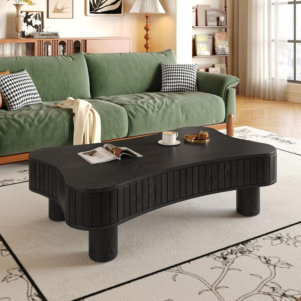 42' Cloud Fluted Lift Top Coffee Table with Hidden & Open Storage, Modern Center Table with Hydraulic Raising Mechanism, Irregular Shape Tea Table with Curved Safety Corners, Black