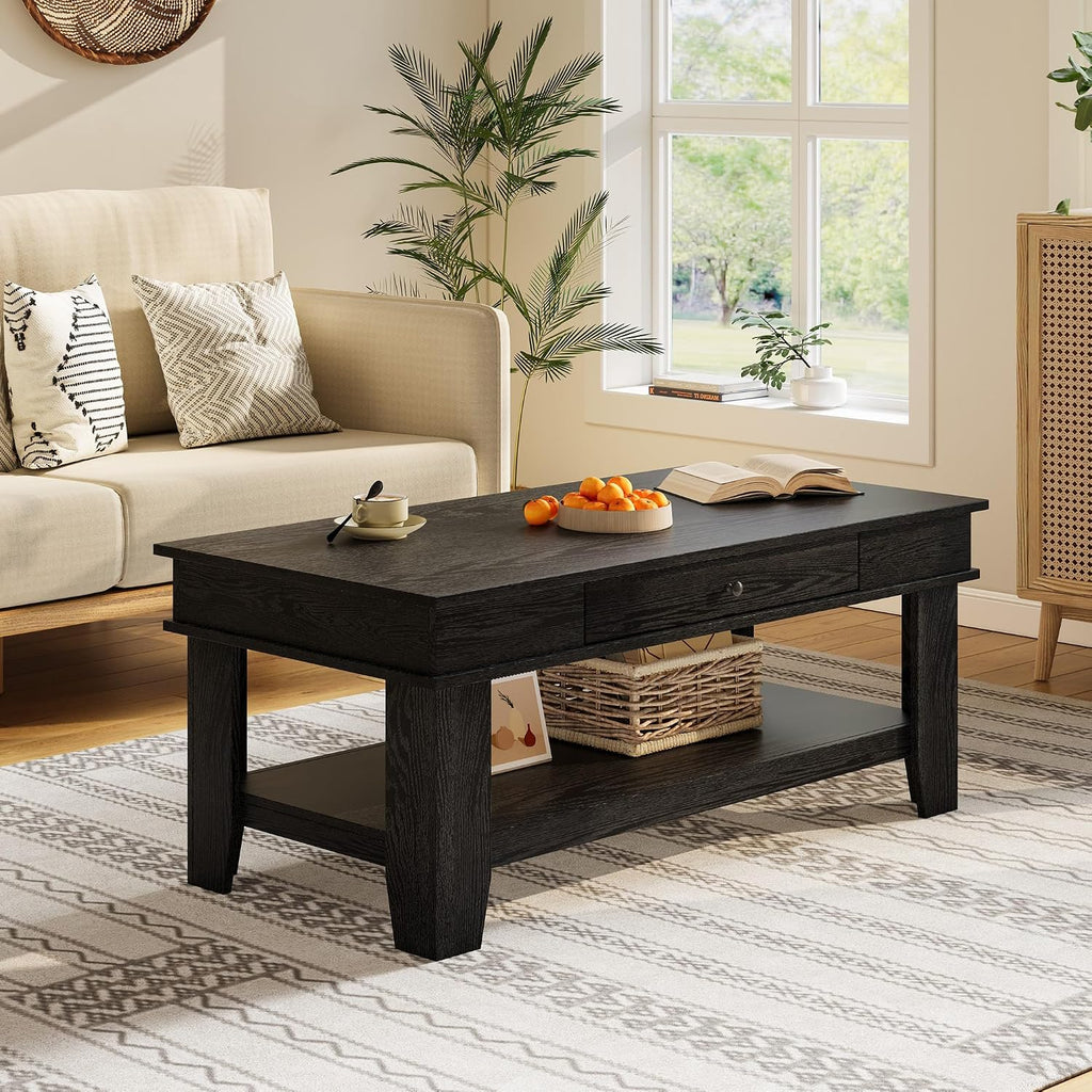 Takywep Rectangular Coffee Table with Drawer and Open Shelf, Long Center Table for Living Room, Rustic Finish, Stable Four Leg Structure, Easy to Clean Surface, Heavy Duty Storage Design, Black