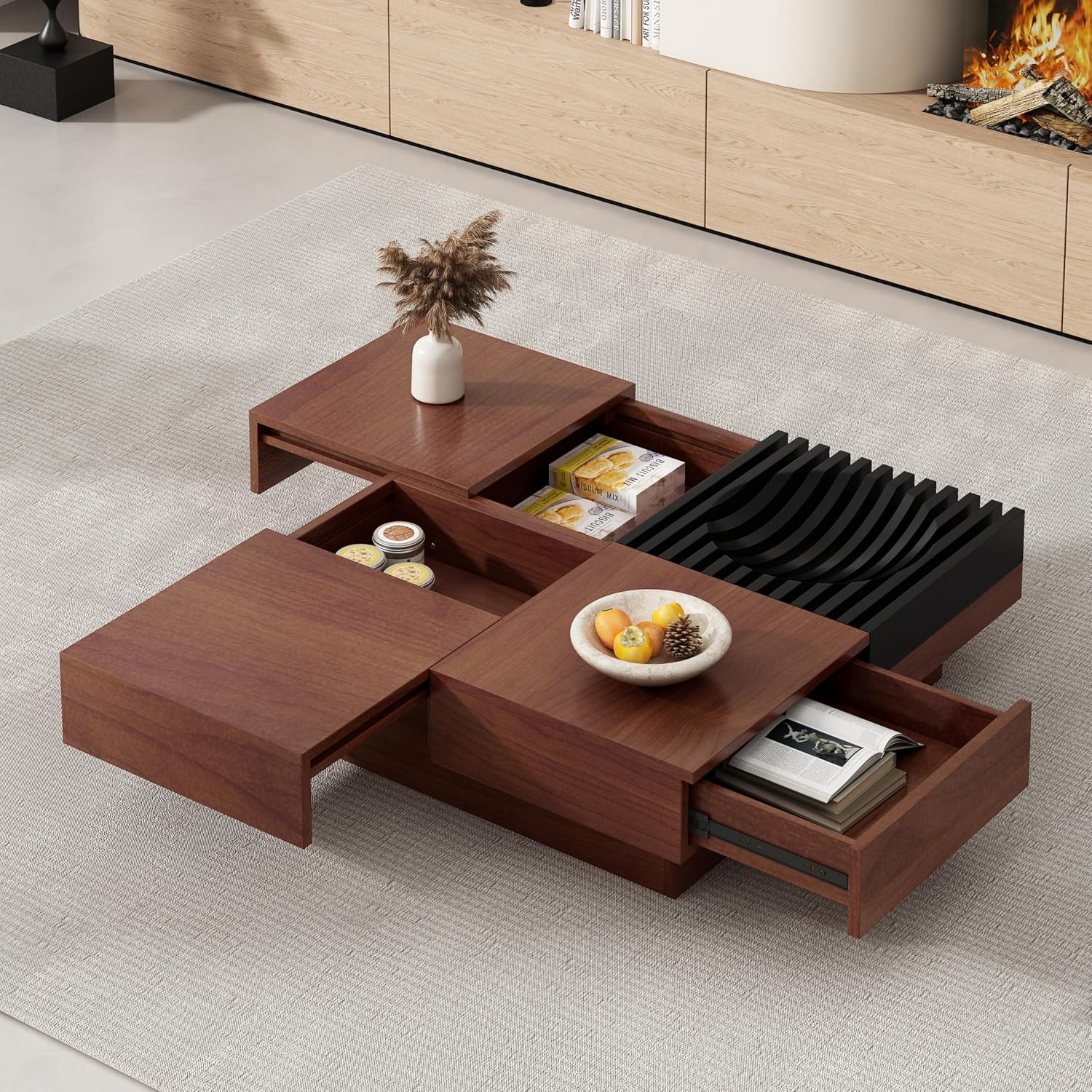 Merax 35'' Square Acacia Wood Coffee Table with Sliding Top & Ample Storage, Vintage and Sturdy, Natural Grain Patterns for Living Room Apartment, Brown+Black