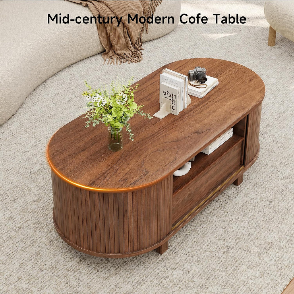 ComfyCorner 47' Oval Coffee Table, Tambour Design Coffee Tables for Living Room, Mid Century Modern Wood Coffee Table, 3-Tier Accent Center Table with Storage, Large Drawer, Walnut