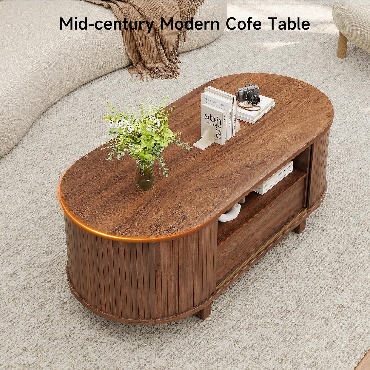 ComfyCorner 47' Oval Coffee Table, Tambour Design Coffee Tables for Living Room, Mid Century Modern Wood Coffee Table, 3-Tier Accent Center Table with Storage, Large Drawer, Walnut
