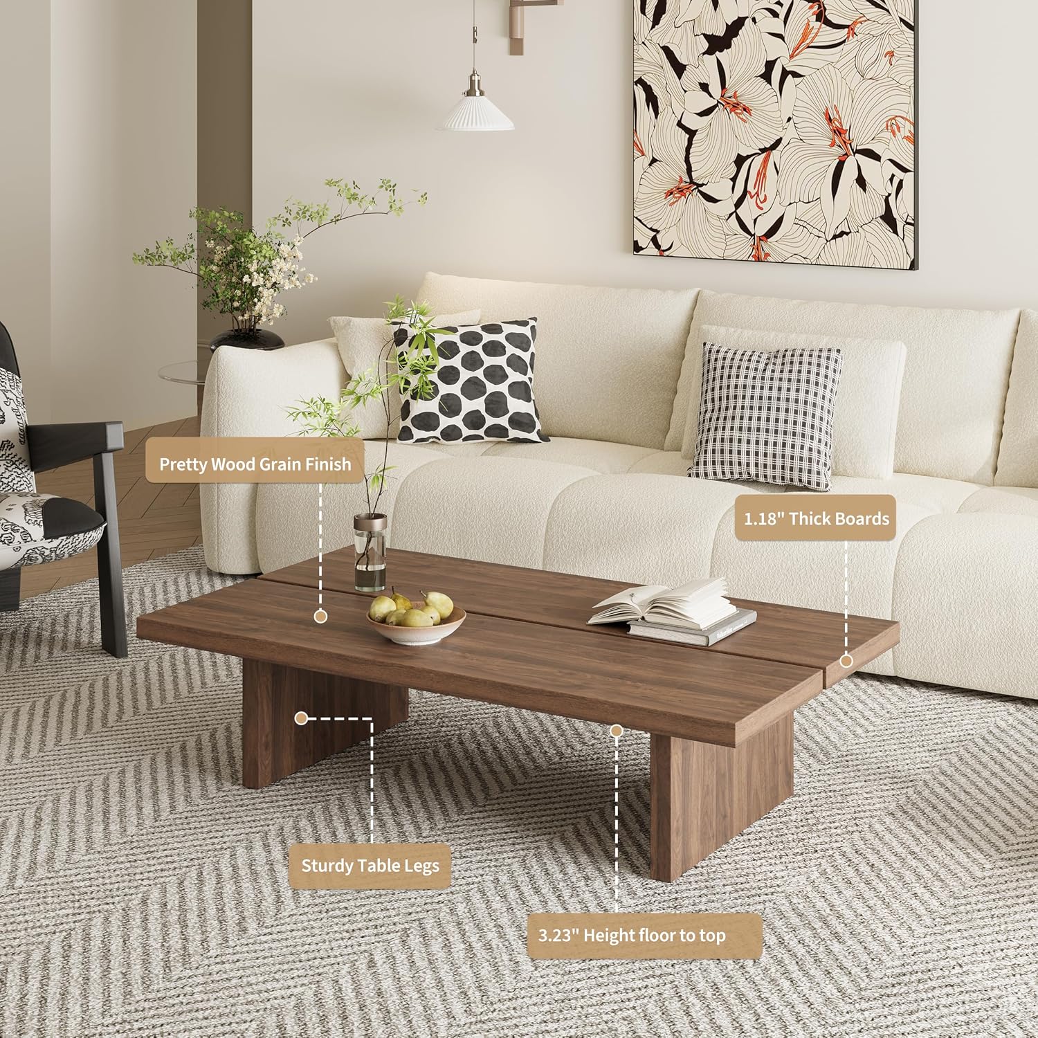 47' Rectangular Walnut Grain Coffee Table - Minimalist Modern Coffee Tables for Living Room, Japanese Tea Table, Low Profile Center Table for Home & Office (Brown)