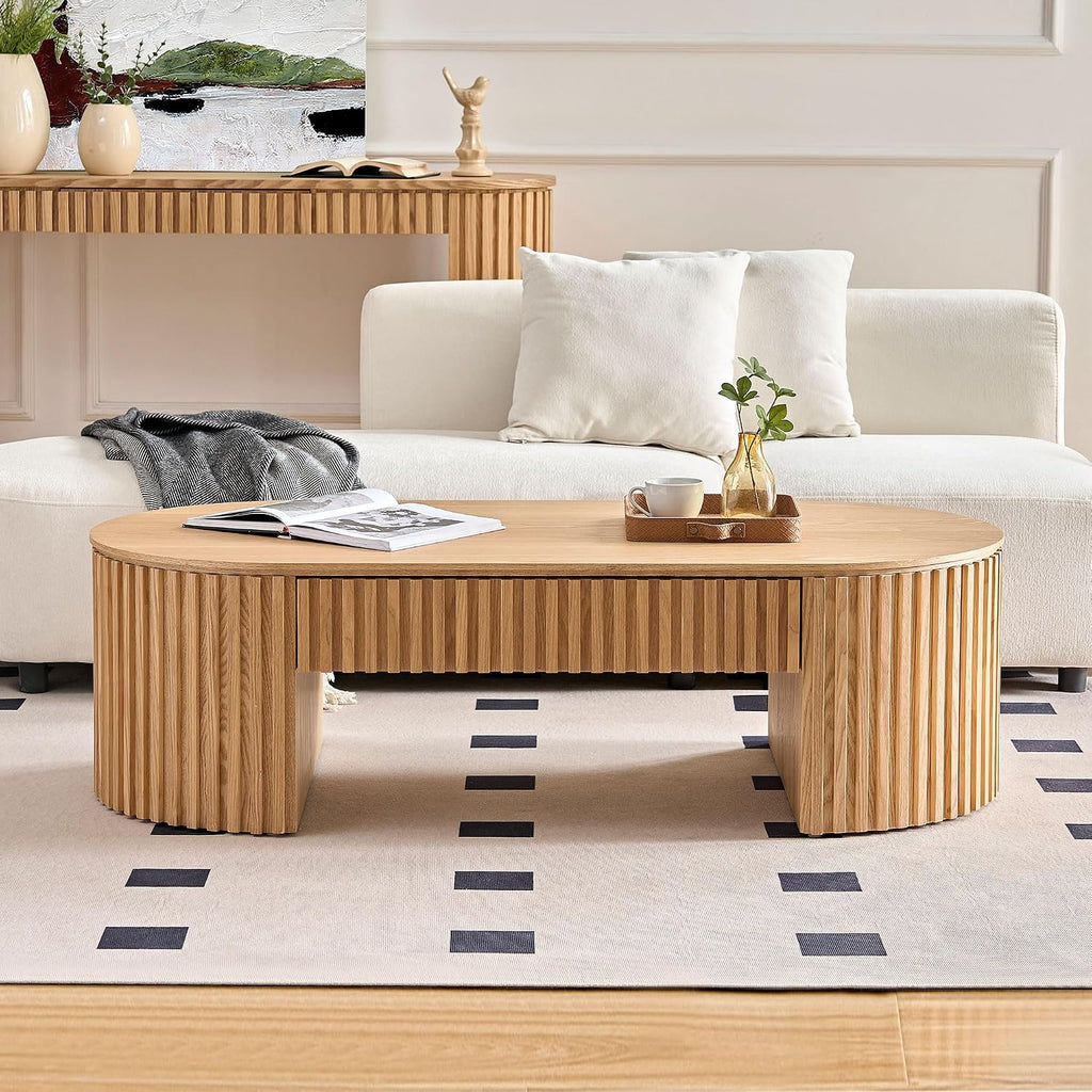 JUSTONE 51.18'' Oval Wood Coffee Table with Drawer, Farmhouse Wood Coffee Table for Living Room,Apartment(Oak)