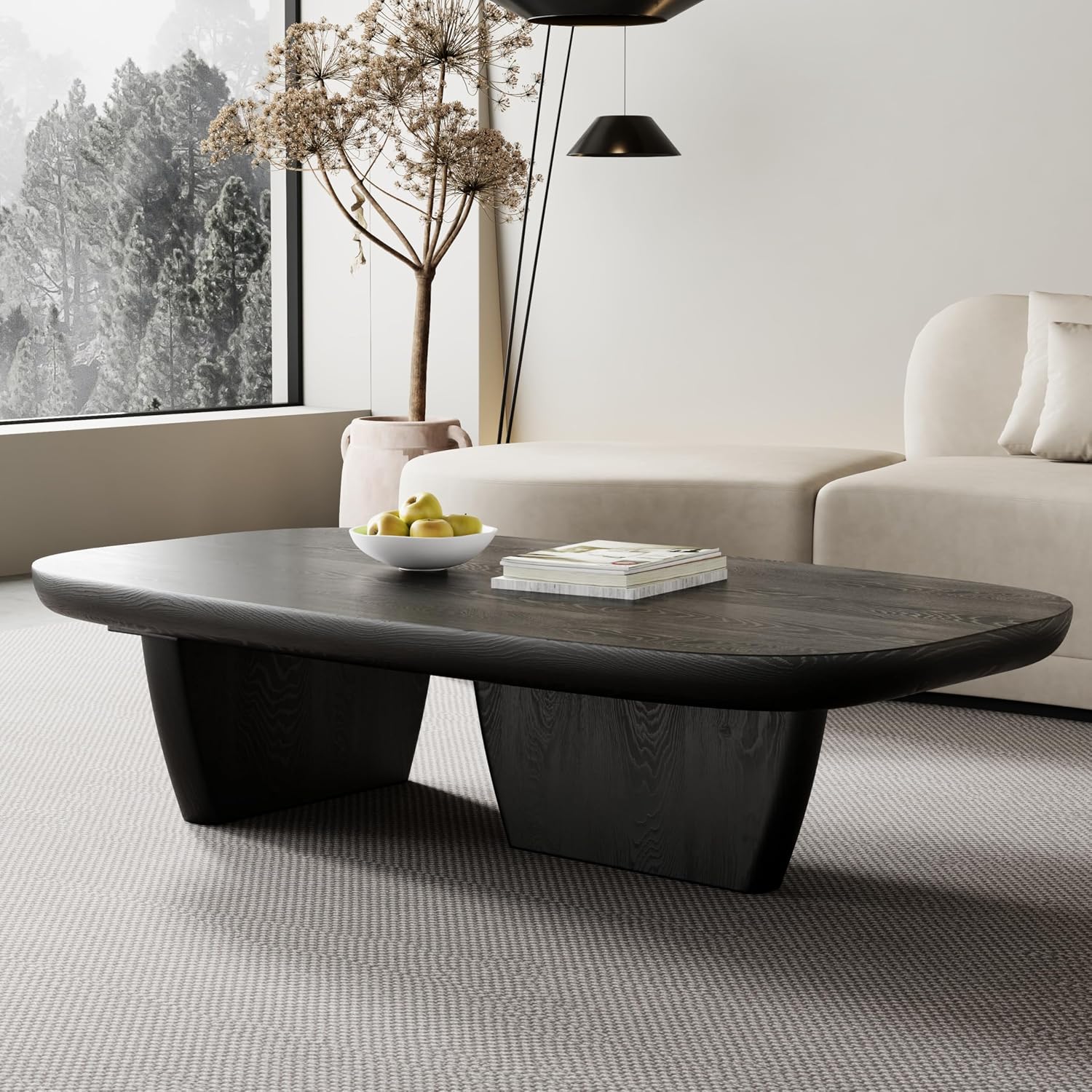 Modern Wood Coffee Table for Living Room, 51.2' Black Rectangle Coffee Table with 2 Unique Legs, Center Table for Living Room Table Tea Table for Home Office
