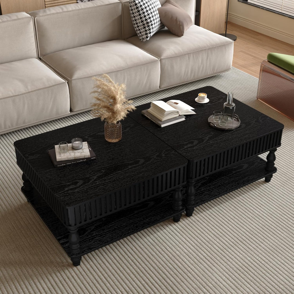 31.50' Square Fluted Lift-Top Coffee Table with Hidden & Open Storage, Modern Center Table with Hydraulic Raising Mechanism, Retro Tea Table with Solid Wood Legs for Living Room Apartment, Black