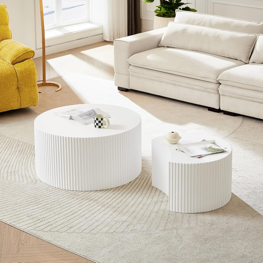 JUSTONE White Round Coffee Table Set of 2,Modern Luxury Nesting Coffee Table for Living Room,Wood Circle Drum Coffee Table for Small Spaces No Assembling (Matte White)