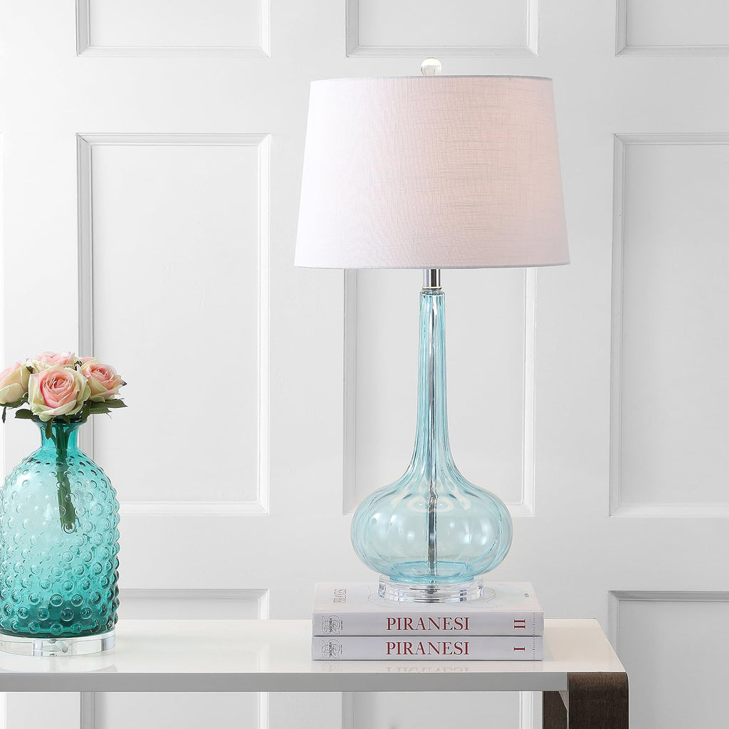 JONATHAN Y 28.5' Aqua Glass Teardrop LED Table Lamp Set of 2 for Living Room Bedroom Nightstand, White Linen Shade Modern Transitional Bedside Desk Lamp (JYL1079B-SET2)