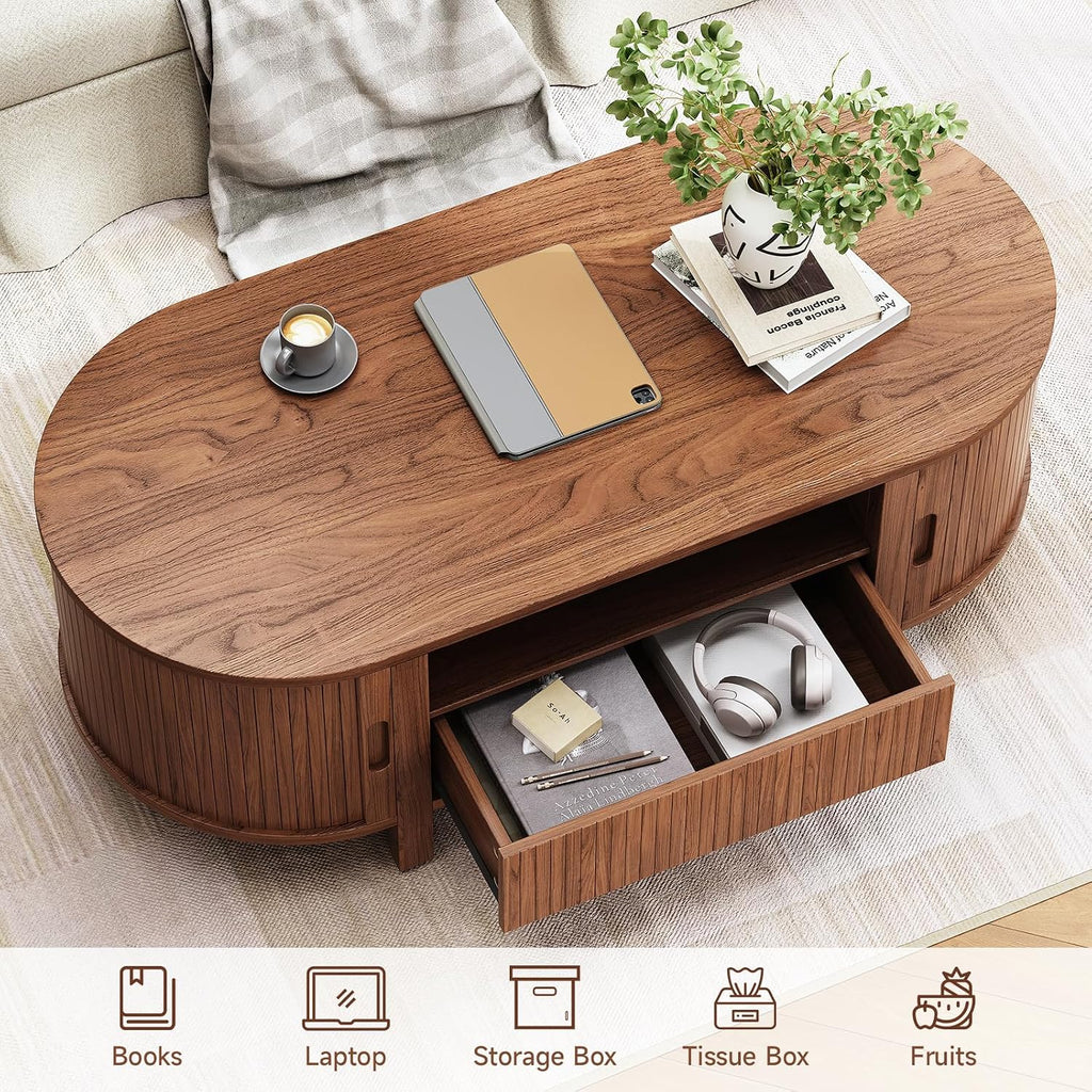 ONBRILL 47.2 Inch Oval Coffee Table with Storage, Mid Century Modern Coffee Table with Drawer, Center Table with Sliding Door and Wood Fluted Handle for Living Room, Walnut
