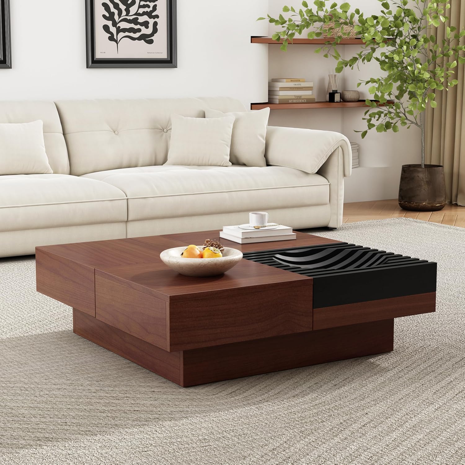 Merax 35'' Square Acacia Wood Coffee Table with Sliding Top & Ample Storage, Vintage and Sturdy, Natural Grain Patterns for Living Room Apartment, Brown+Black