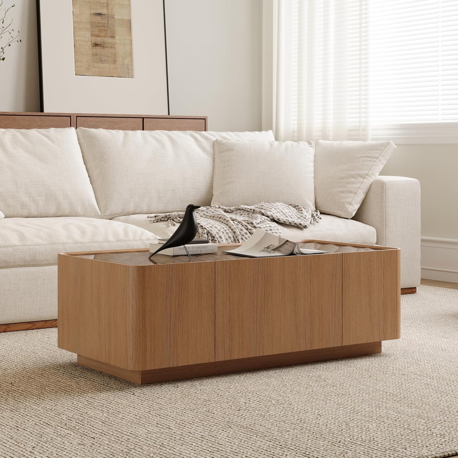 SSLine 47' Modern Wooden Coffee Table with Storage Drawer, Rectangle Center Table with Tempered Glass Top & Diamond Texture for Living Room Home Office,Walnut