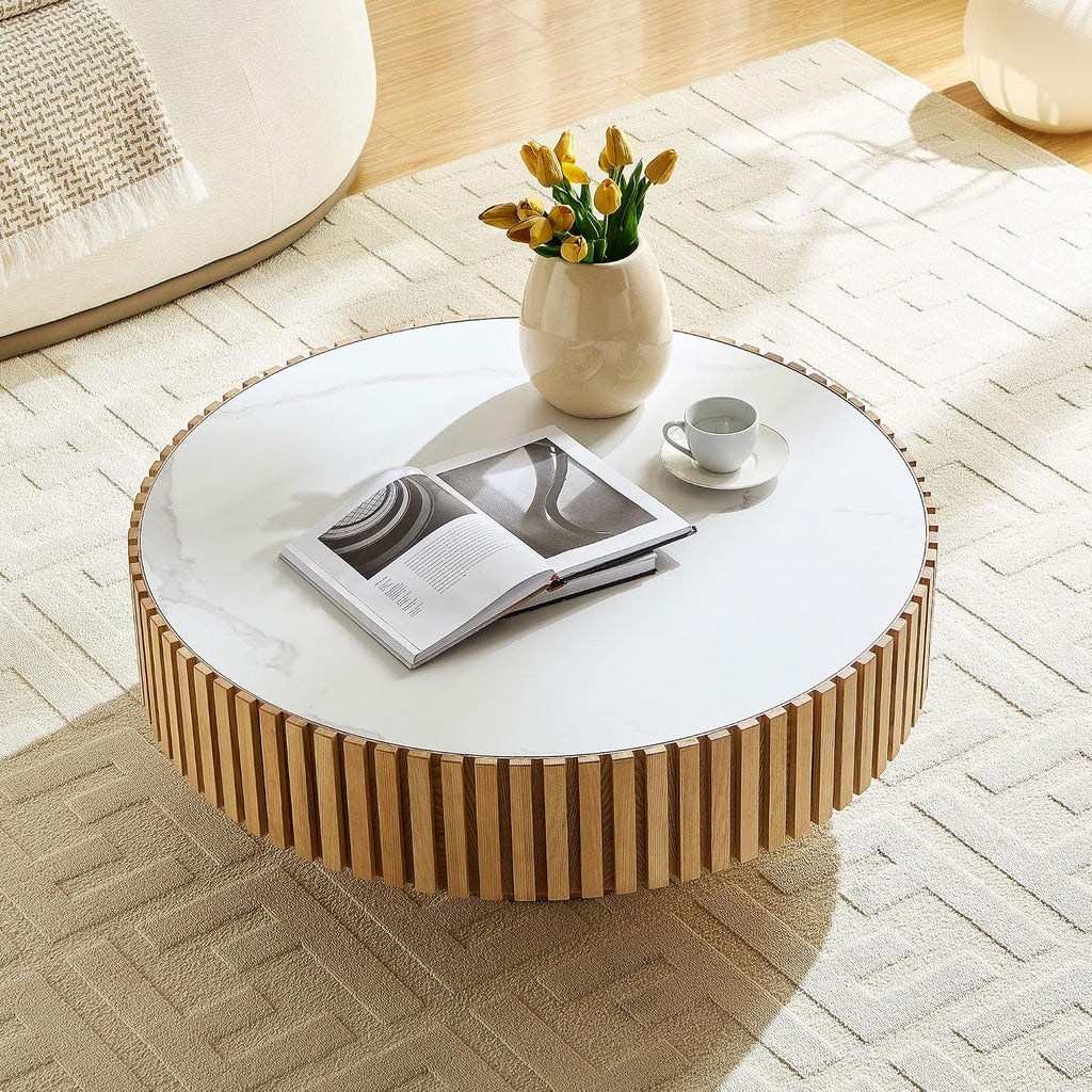 SOFTSEA Wood Coffee Table, 35.43' Round Center Table with Sintered Stone Tabletop for Living Room, Apartment, Ash