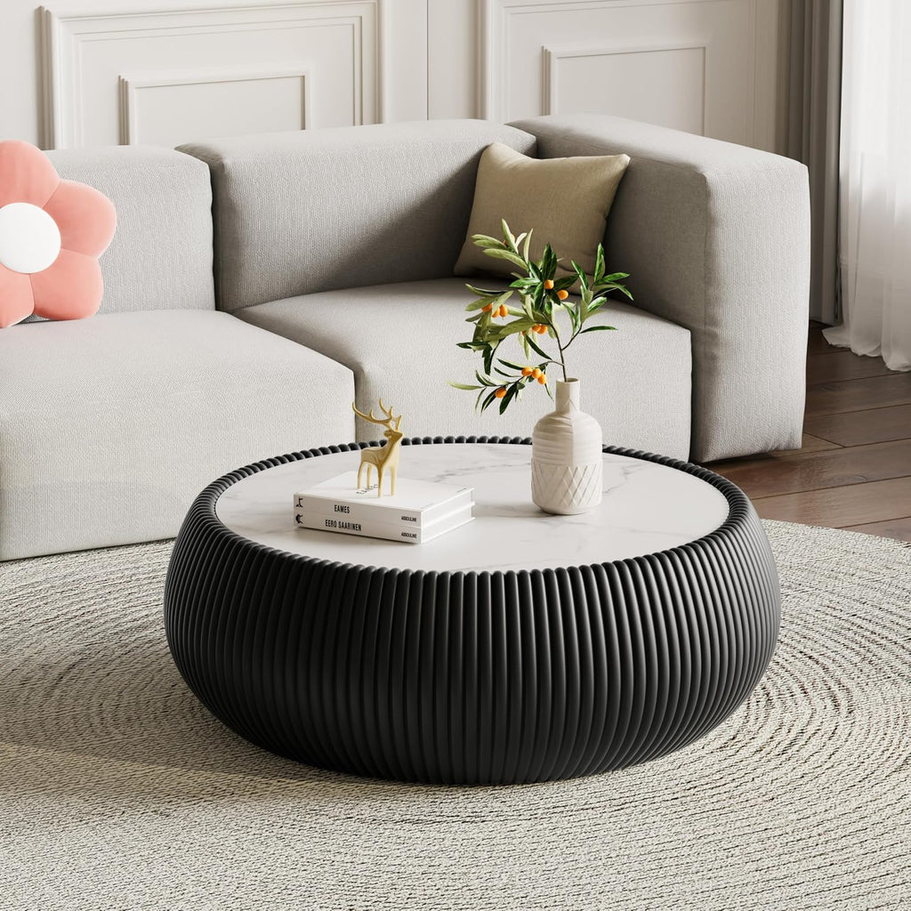 Black Round Coffee Table with Sintered Stone Tabletop, 27.55' Drum Coffee Table with Fluted PU Leather Covered and Stable Base, Circle Cocktail Tea Table for Living Room