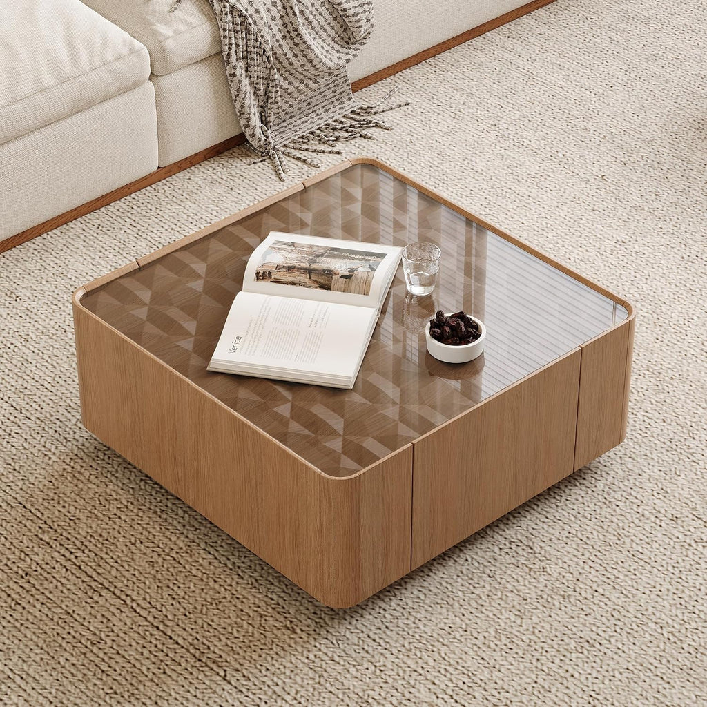 SSLine 31.5' Square Coffee Table with 2 Storage Drawers & Tempered Glass Top, Modern Wooden Center Table with Diamond Texture, Walnut for Living Room