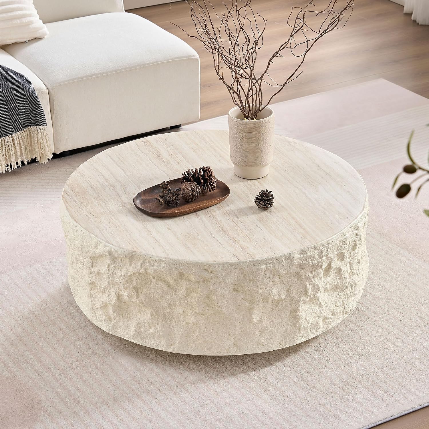 35.43' Modern Round Drum Coffee Table for Living Room, Circle Center Side End Table for Living Room, Office, Apartment, No Assembly Falux Marble Mars Stone, Beige
