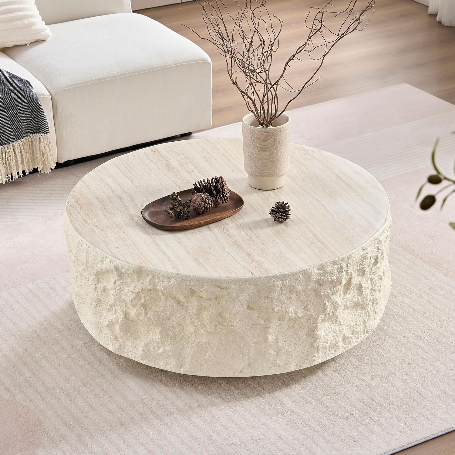 JUSTONE 35.43''Round Coffee Tables for Living Room,Faux Mars Pattern Modern Minimalist Side Tables Accent End Table for Apartment,Office,No Need Assembly,Beige