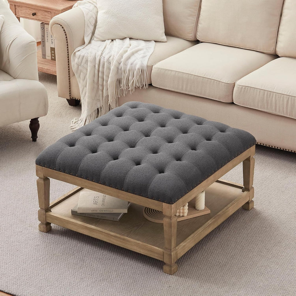Ottoman Coffee Table,Square Wooden Upholstered Tufted Ottoman Foot Rest with Storage, Padded Linen Coffee Tables for Farmhouse Lliving Room (Dark Grey)