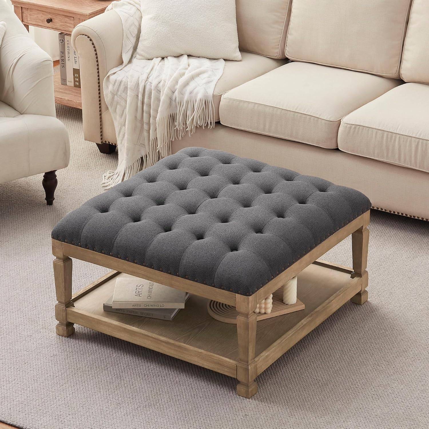Ottoman Coffee Table,Square Wooden Upholstered Tufted Ottoman Foot Rest with Storage, Padded Linen Coffee Tables for Farmhouse Lliving Room (Dark Grey)