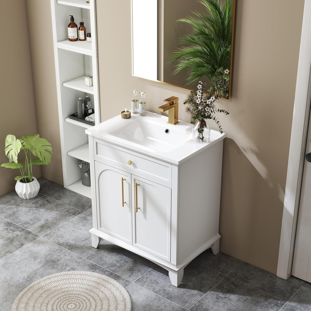 27.8' Bathroom Vanity Sink Combo, White | Integrated Ceramic Sink, Adjustable Shelves, Gold Metal Handles, Solid Wood Base, 19'Dx28.3'Wx34'H