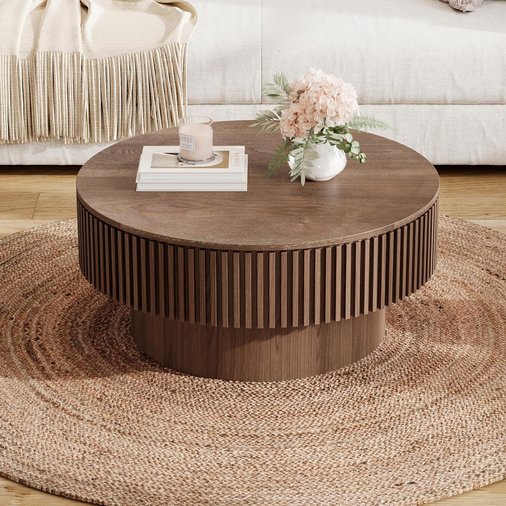 JUSTONE 31.5' Round Coffee Table,Farmhouse Wood Coffee Table with Storage for LivingRoom,Apartment,Office,Walnut
