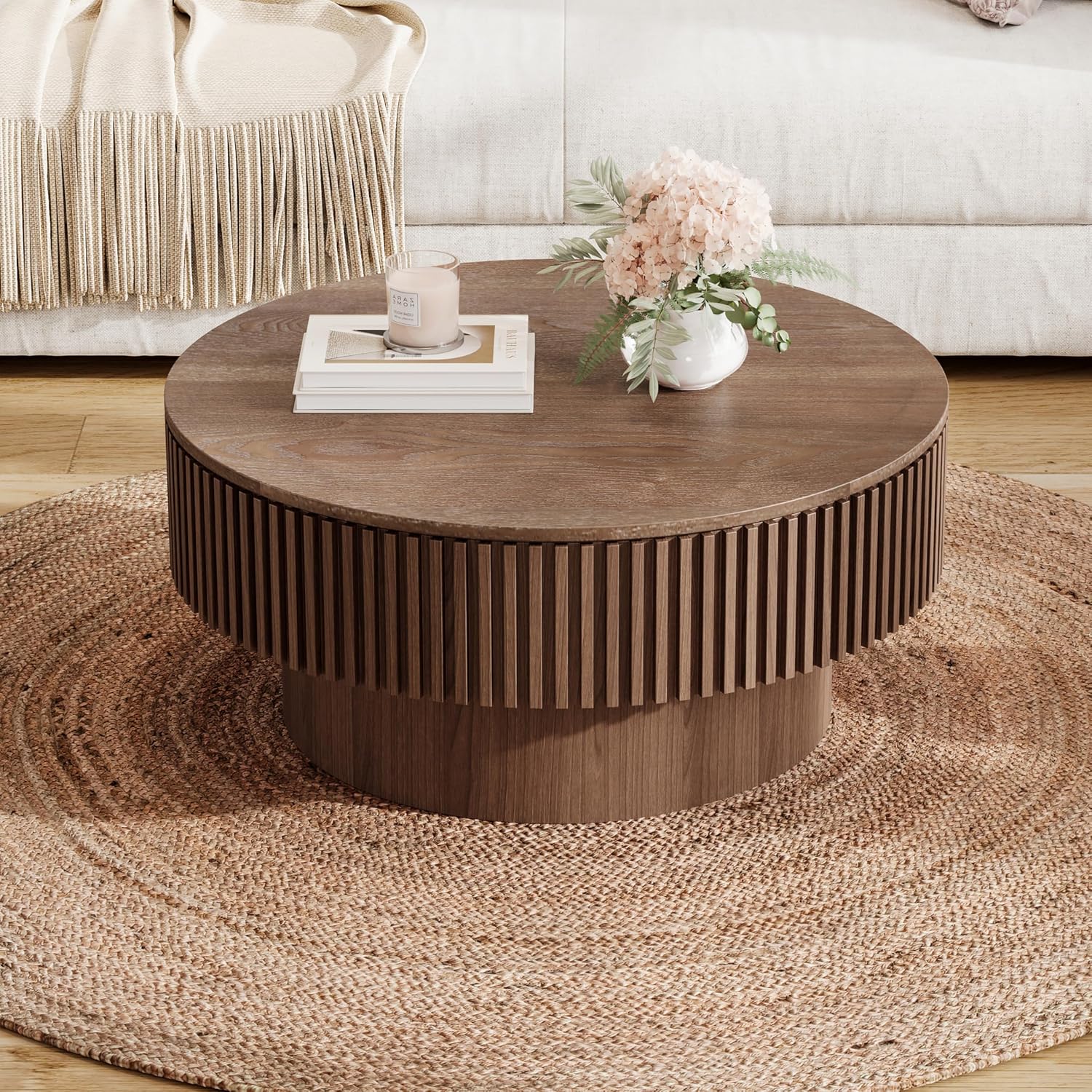 JUSTONE 31.5' Round Coffee Table,Farmhouse Wood Coffee Table with Storage for LivingRoom,Apartment,Office,Walnut