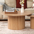 Large Round Wood Coffee Table, Mid Century Modern, Drum Shape, 35.5' Diameter, for Living Room, Natural Solid Wooden