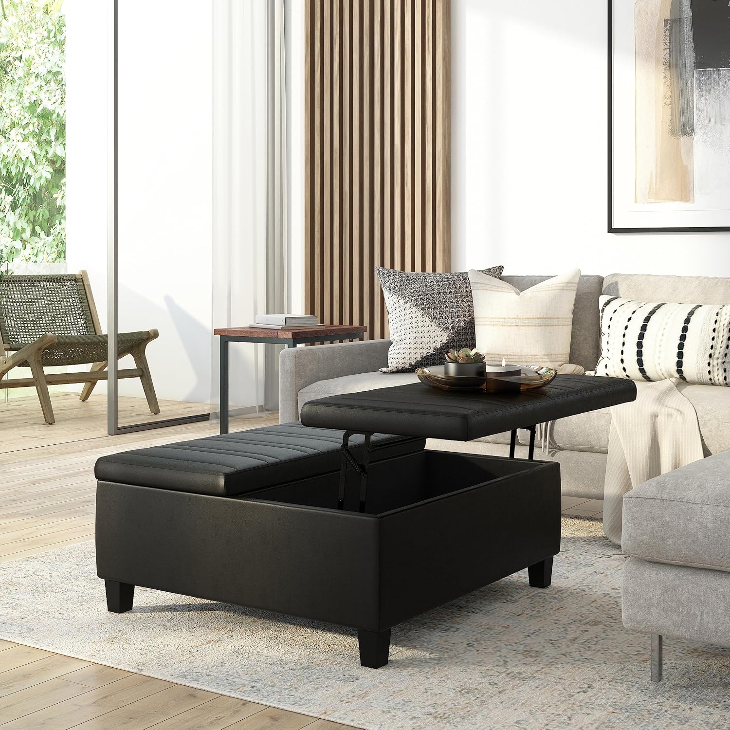 SIMPLIHOME Ellis 36 inch Wide Contemporary Square Coffee Table Storage Ottoman in Distressed Black Vegan Faux Leather, Assembled, for the Living Room and Bedroom