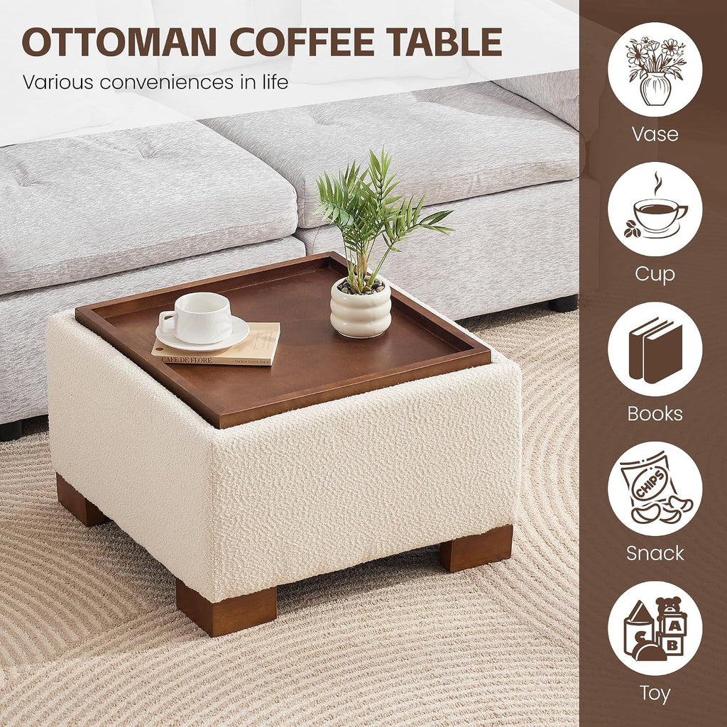 WUTUTUEE 24' Square Ottoman Coffee Table with Storage, Boucle Ottomans with Tray and Solid Wood Legs for Living Room, Bedroom and Apartments, Small Modern Ottoman Tea Table with Lift-Off Lid, Beige