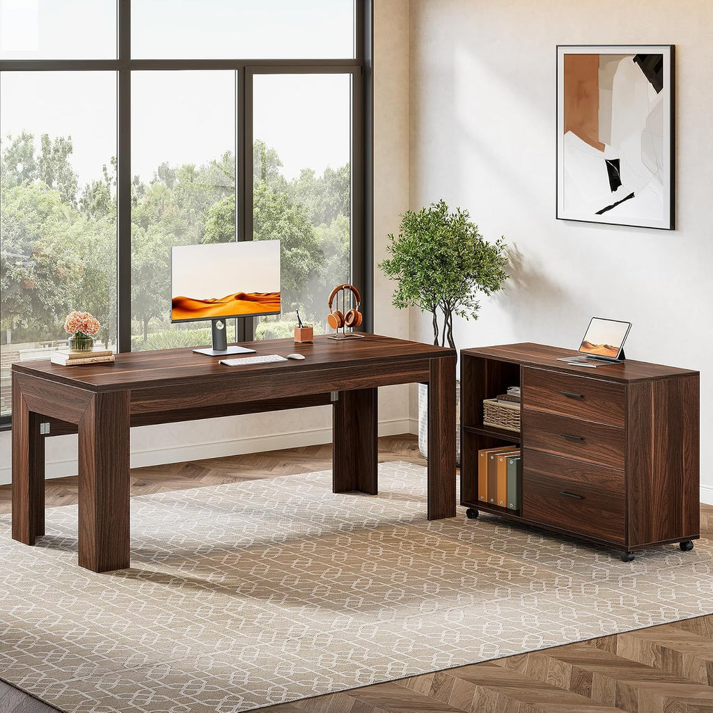 Tribesigns 63' L Shaped Desk with Storage, Executive Office Desk with Mobile Lateral File Cabinet Combo, Large Computer Table with Drawers and Shelves, Business Furniture Set for Home Office, Walnut