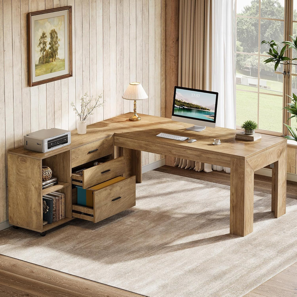 Tribesigns 63' L Shaped Desk with Storage, Executive Office Desk with Rolling File Cabinet Combo, Large Computer Table with Drawers and Shelves, Business Furniture Set for Home Office, Brown