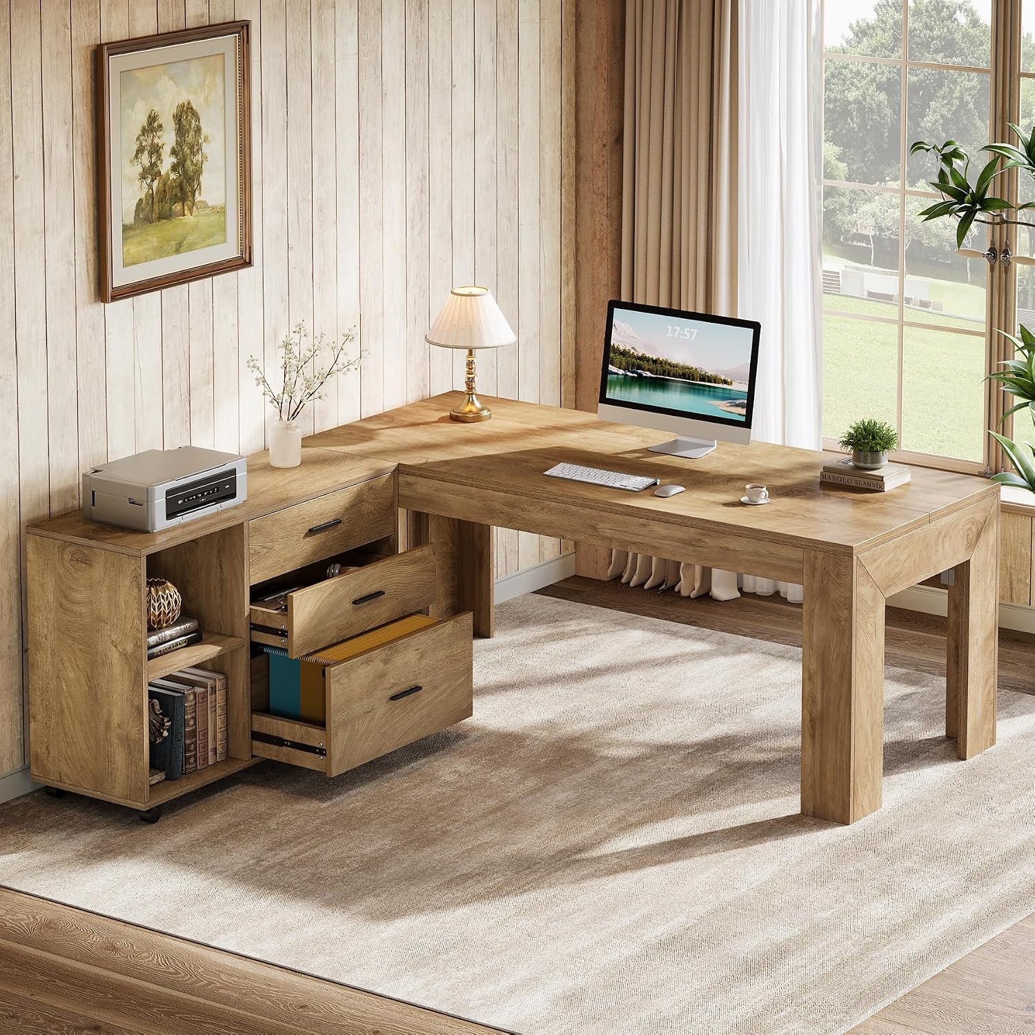 Tribesigns 63' L Shaped Desk with Storage, Executive Office Desk with Rolling File Cabinet Combo, Large Computer Table with Drawers and Shelves, Business Furniture Set for Home Office, Brown