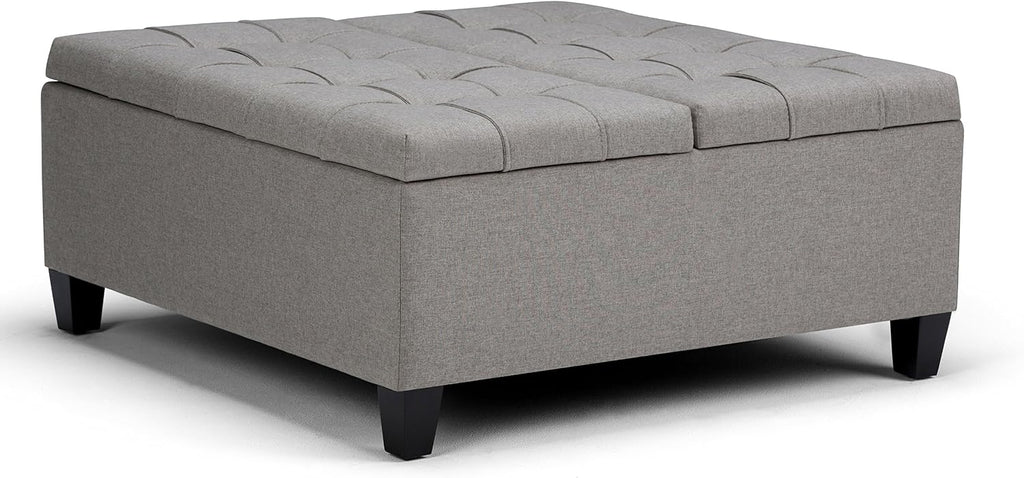 SIMPLIHOME Harrison Coffee Table Storage Ottoman - 36 inch Wide Upholstered Linen Look Fabric Square Lift-Top Ottoman in Dove Grey, Transitional Ottoman for Living Room with Hidden Storage