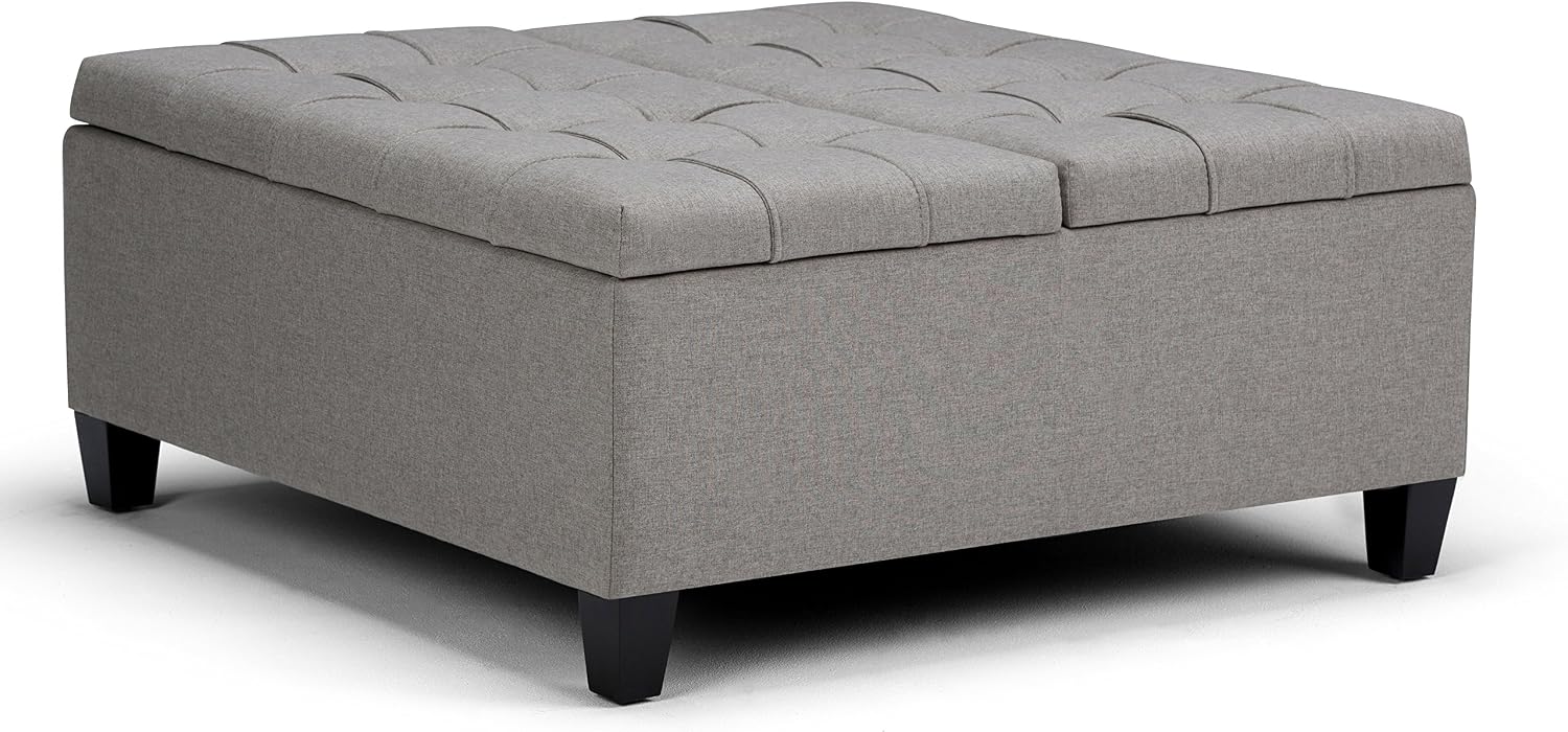 SIMPLIHOME Harrison Coffee Table Storage Ottoman - 36 inch Wide Upholstered Linen Look Fabric Square Lift-Top Ottoman in Dove Grey, Transitional Ottoman for Living Room with Hidden Storage