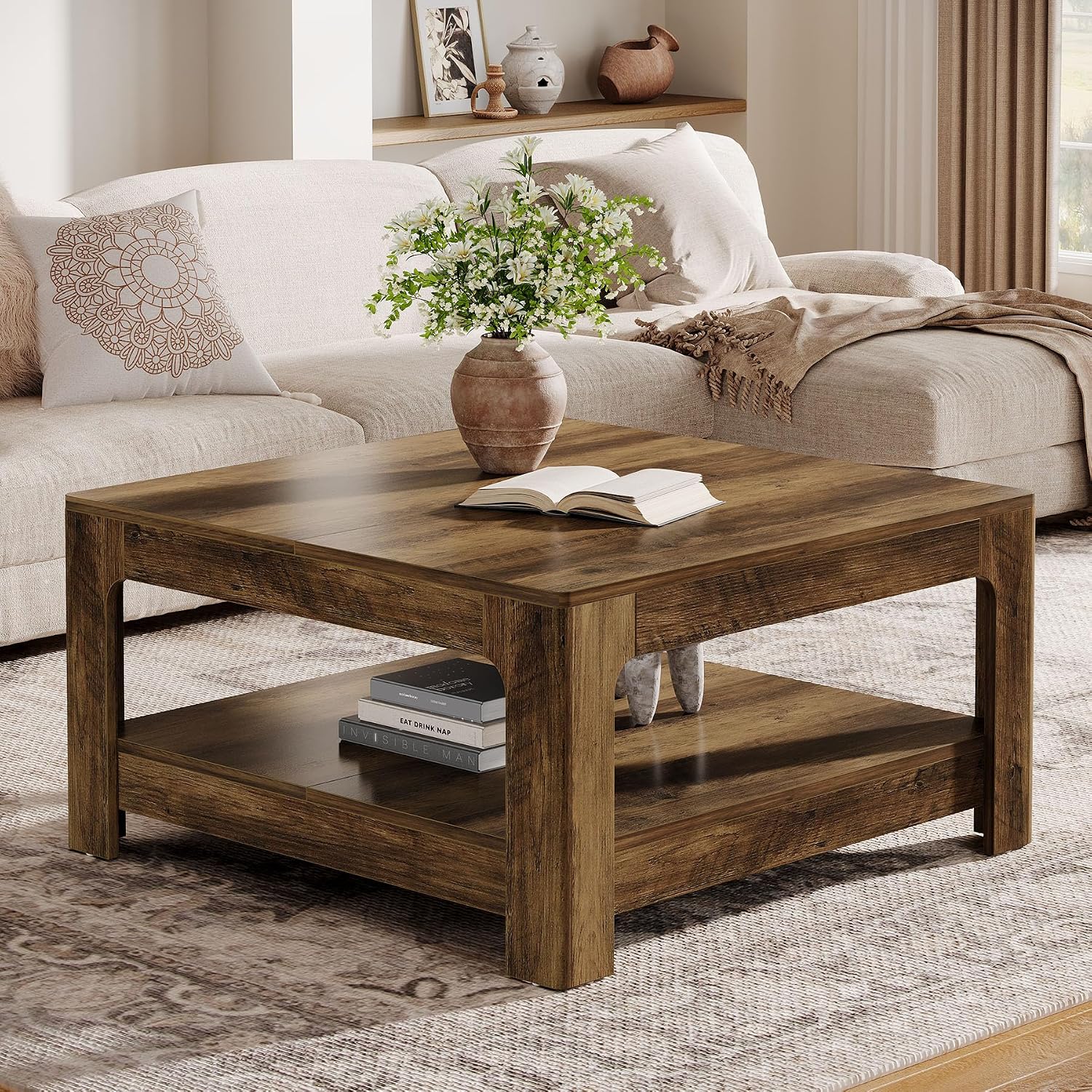 Tribesigns Square Coffee Table with Storage, 39.4-Inch Large Farmhouse Wooden Center Tea Accent Table for Living Room, Rustic Brown