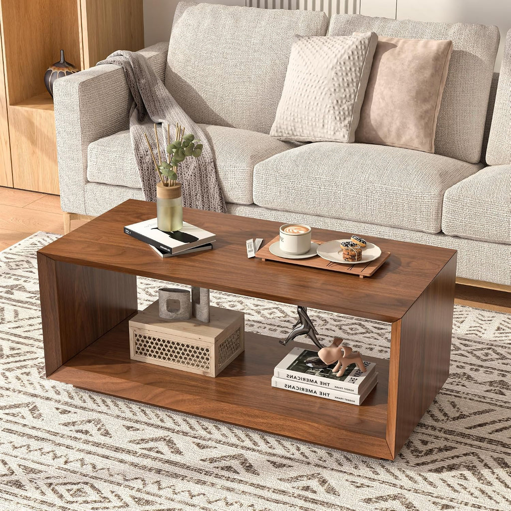 Coffee Table with Storage, Mid Century Modern, Rectangle Cocktail Tea Table, Farmhouse Wood Coffee Table for Living Room, Home Office (Walnut)