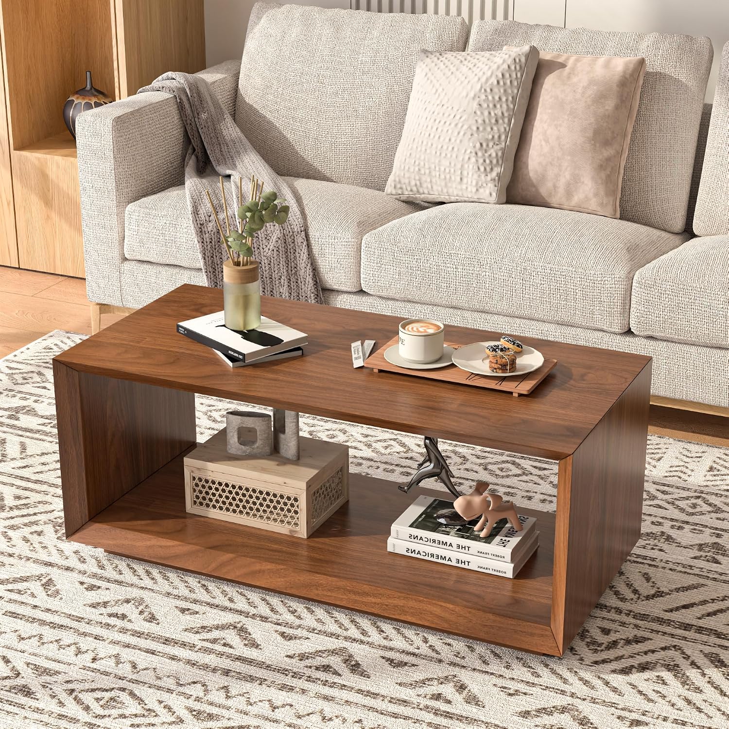 Coffee Table with Storage, Mid Century Modern, Rectangle Cocktail Tea Table, Farmhouse Wood Coffee Table for Living Room, Home Office (Walnut)