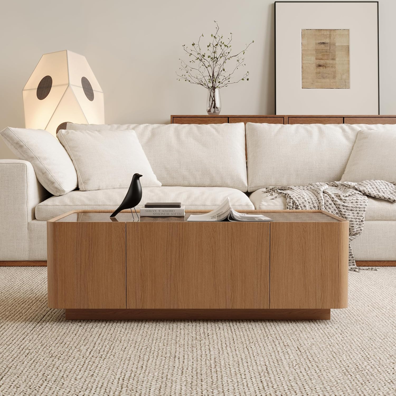 46.8' Rectangular Coffee Table with Glass Tabletop, Mid Century Modern Wood Coffee Table with Drawer, Contemporary Center Table Safe Curved Corners for Living Room, Oak