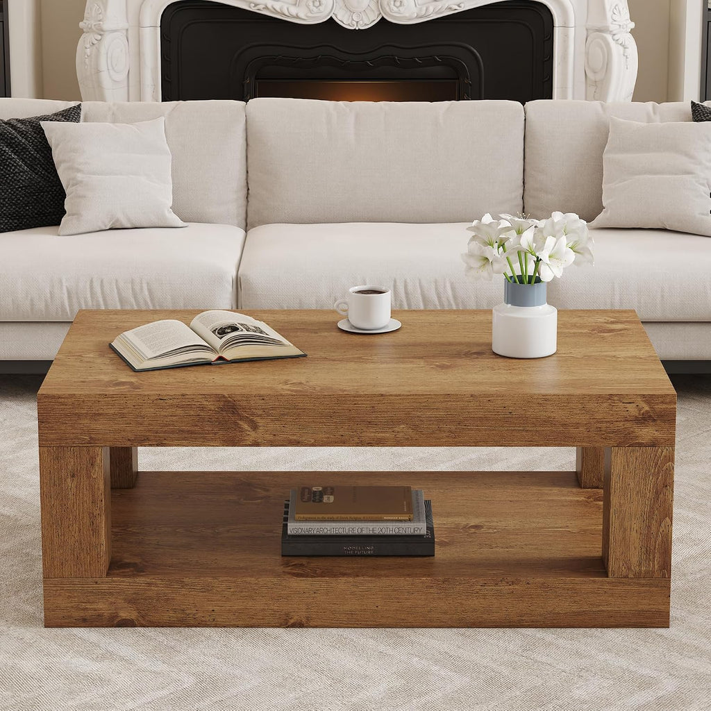 LKTART 39.37' Coffee Table with Storage, 2-Tier Mid Century Rectangular Accent Table with Thick Tabletop, Rustic Style Cocktail, Center Table for Living Room, Office, Apartment (Natural Wood)