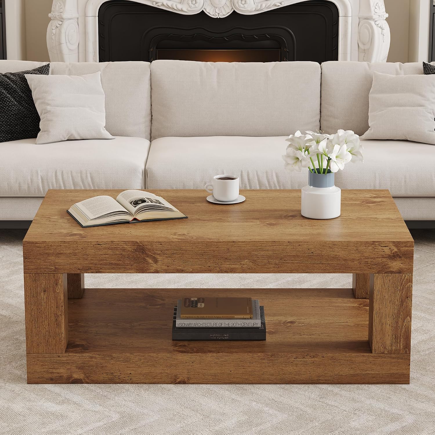 LKTART 39.37' Coffee Table with Storage, 2-Tier Mid Century Rectangular Accent Table with Thick Tabletop, Rustic Style Cocktail, Center Table for Living Room, Office, Apartment (Natural Wood)