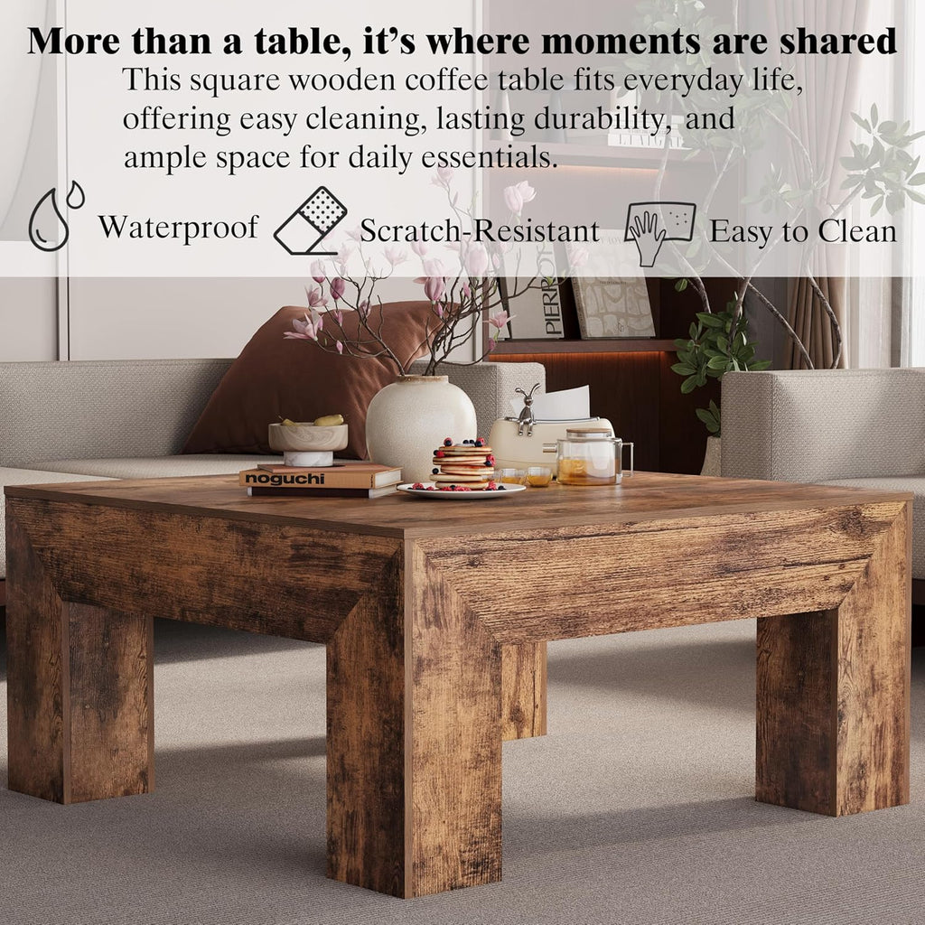 LUMTOK Wooden Square Coffee Table,35.5 inch Farmhouse Low Cocktail with Thick Base for Living Room (Rustic Brown)