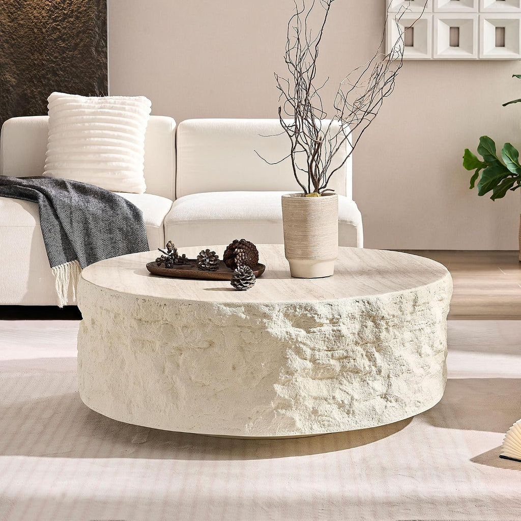 JUSTONE 35.43''Round Coffee Tables for Living Room,Faux Mars Pattern Modern Minimalist Side Tables Accent End Table for Apartment,Office,No Need Assembly,Beige