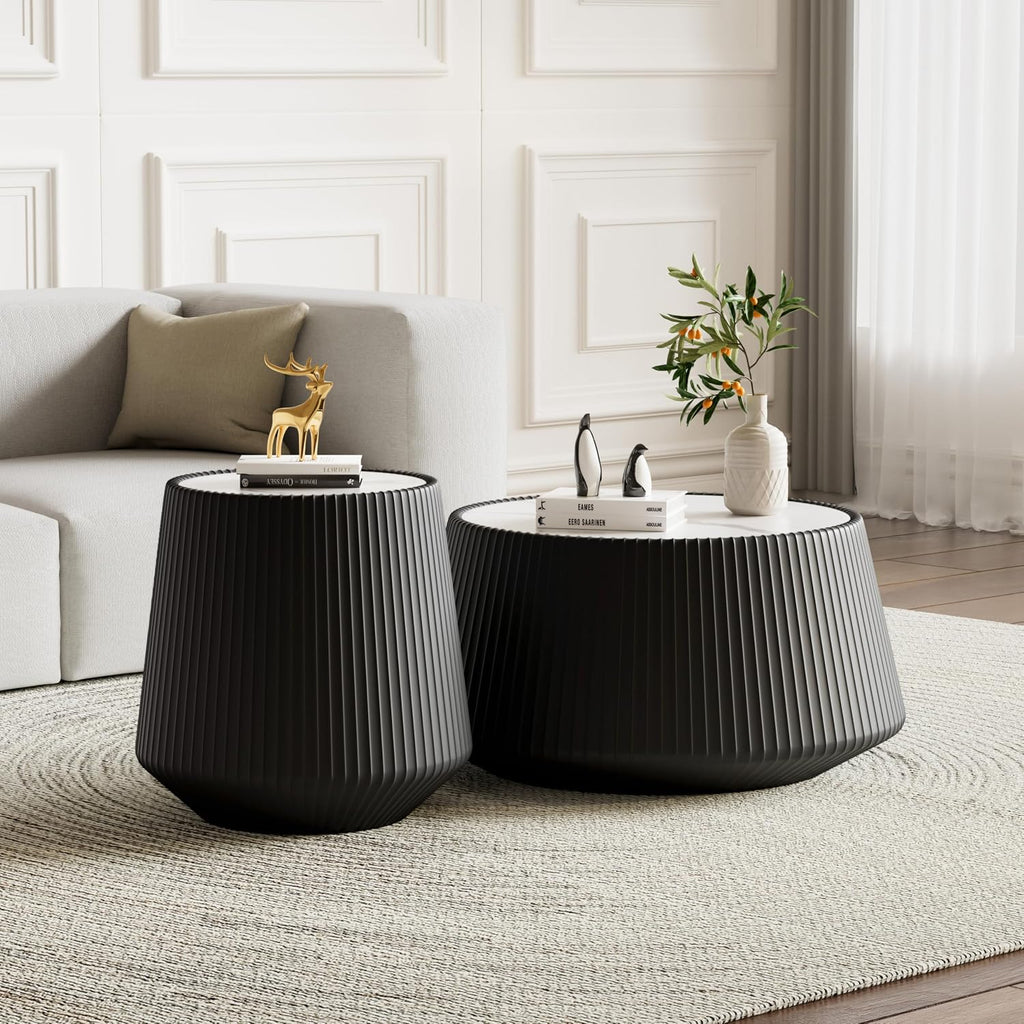Round Coffee Table Set with Sintered Stone Tabletop, 26.77' Black Drum Center Table and 19.68' Black Coffee Table Set, 2 Pieces Living Room Table Set with Fluted PU Leather Cover& Stable Base