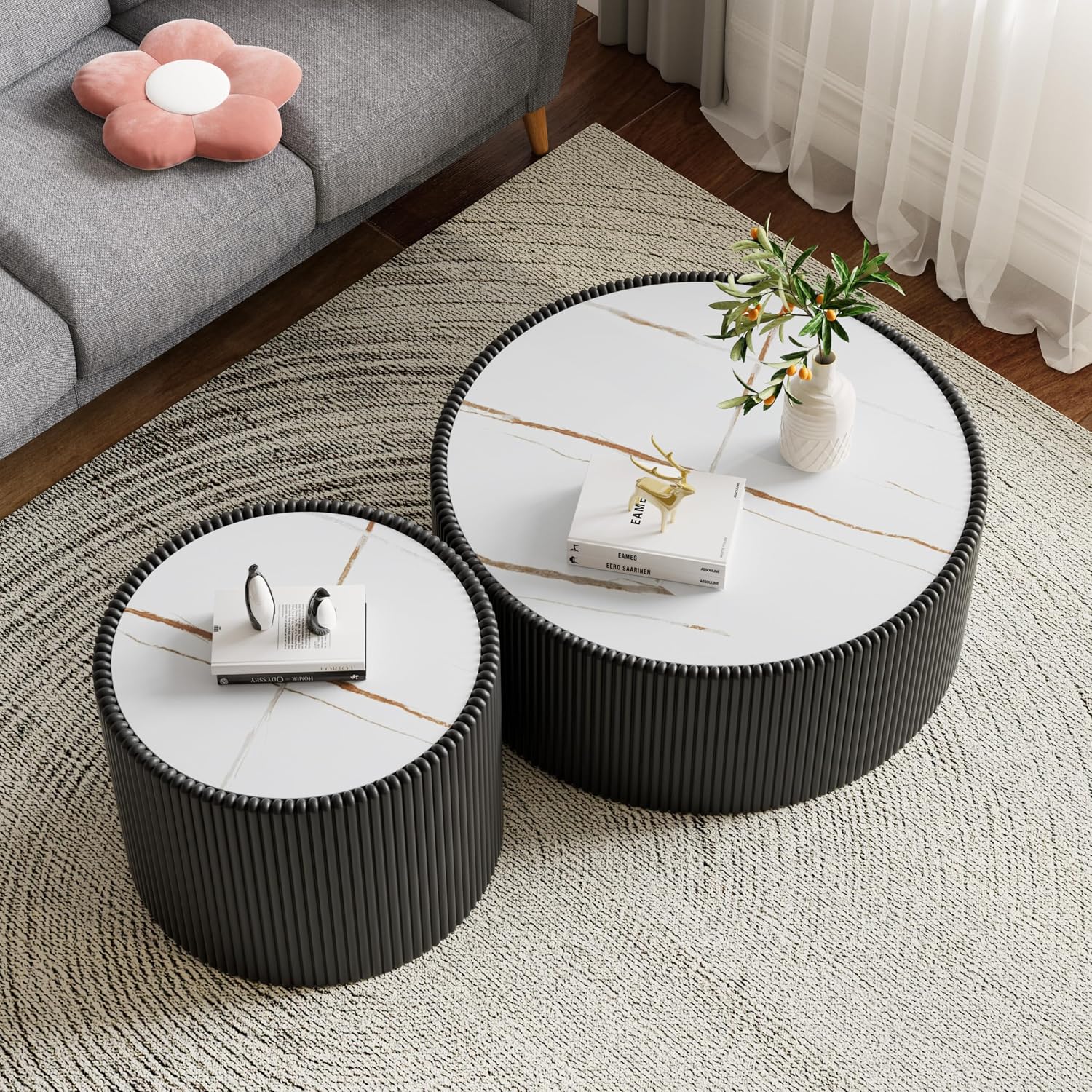 Round Coffee Table Set with Sintered Stone Tabletop, 29.52' Black Drum Center Table and 17.71' Black Coffee Table Set, 2 Pieces Living Room Table Set with Fluted PU Leather Cover& Stable Base
