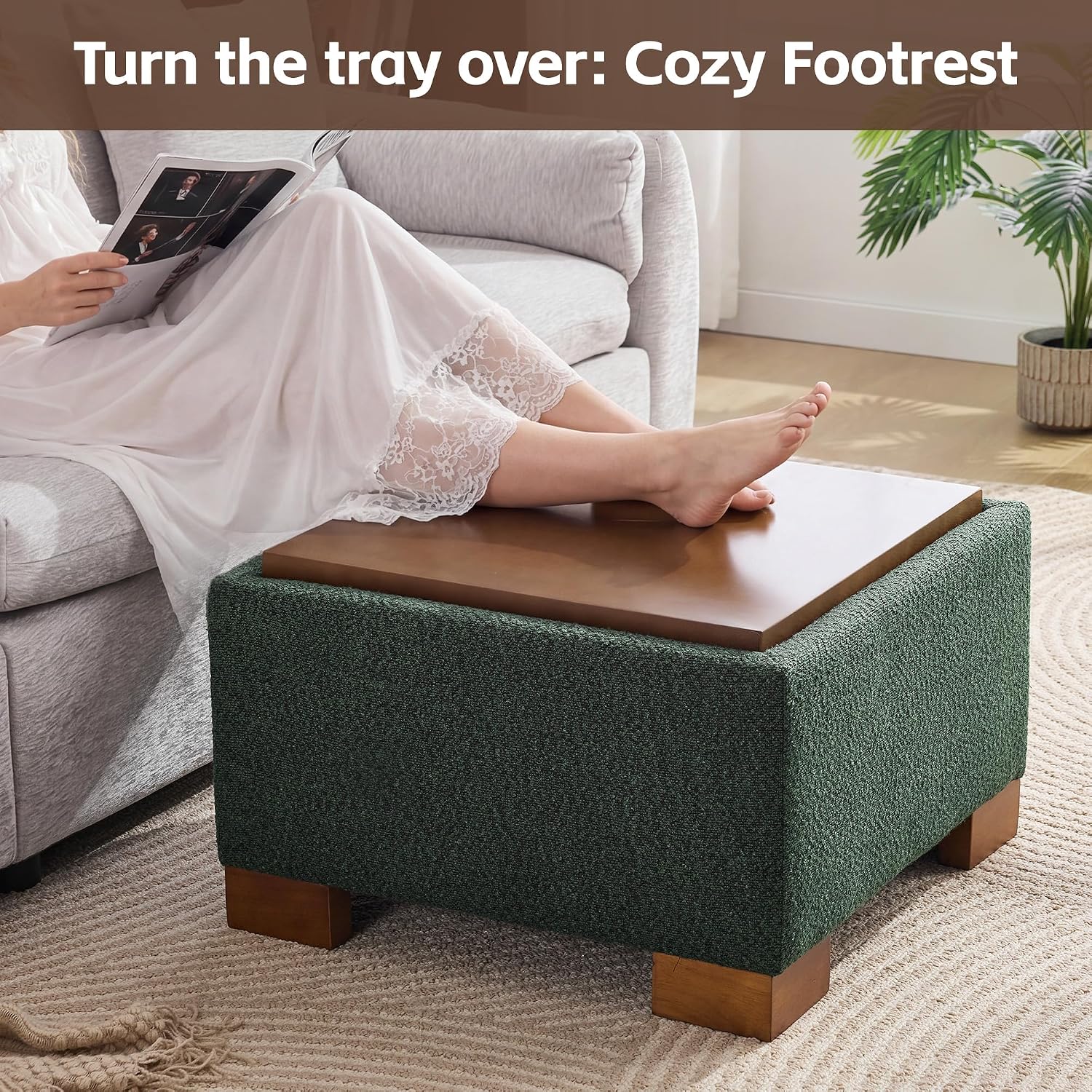 WUTUTUEE 24' Square Ottoman Coffee Table with Storage, Boucle Ottomans with Tray and Solid Wood Legs for Living Room, Bedroom and Apartments, Small Modern Ottoman Tea Table with Lift-Off Lid, Green