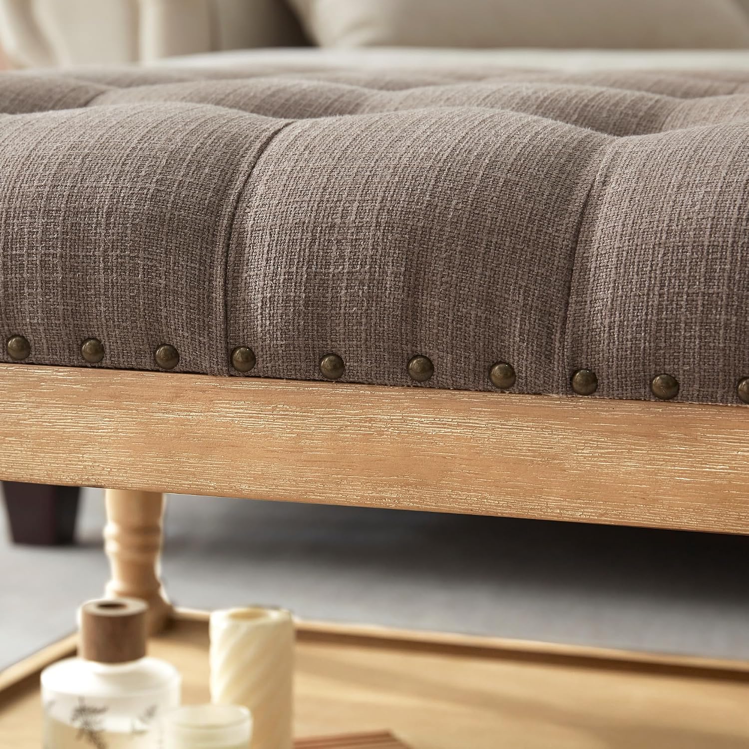 HUIMO 33-inch Large Square Ottoman Coffee Tables for Living Room, Tufted Upholstered Linen Ottoman with Storage Shelf and Solid Legs for Office Bedroom Farmhouse (Brown)