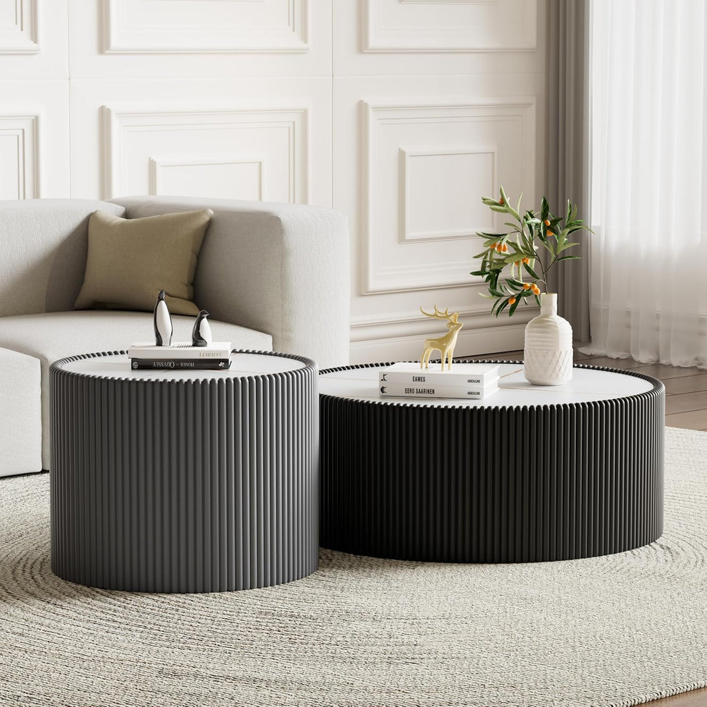 Round Coffee Table Set with Sintered Stone Tabletop, 29.52' Black Drum Center Table and 17.71' Grey Coffee Table Set, 2 Pieces Living Room Table Set with Fluted PU Leather Cover& Stable Base