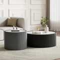 Round Coffee Table Set with Sintered Stone Tabletop, 29.52' Black Drum Center Table and 17.71' Grey Coffee Table Set, 2 Pieces Living Room Table Set with Fluted PU Leather Cover& Stable Base