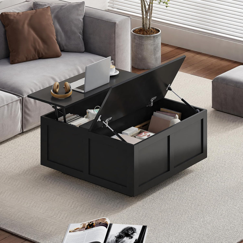 HedoAjim Lift Top Coffee Table with Storage, 31.5' Square Black Coffee Table with Large Hidden Storage, Wood Living Room Table Center Table for Living Room Dining Reception Room