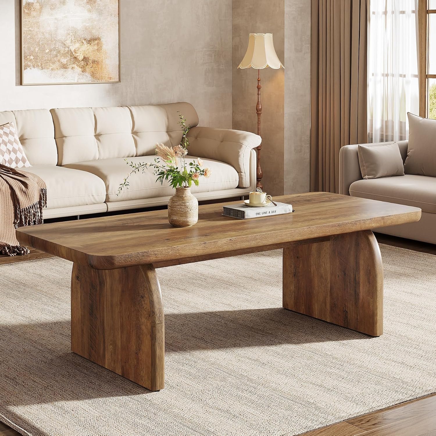 Tribesigns Coffee Table for Living Room, 47-Inch Farmhouse Rectangule Center Table with Rounded Corners, Mid-Century Modern Low Large Cocktail Tea Furniture, Easy Assembly (Rustic Brown)
