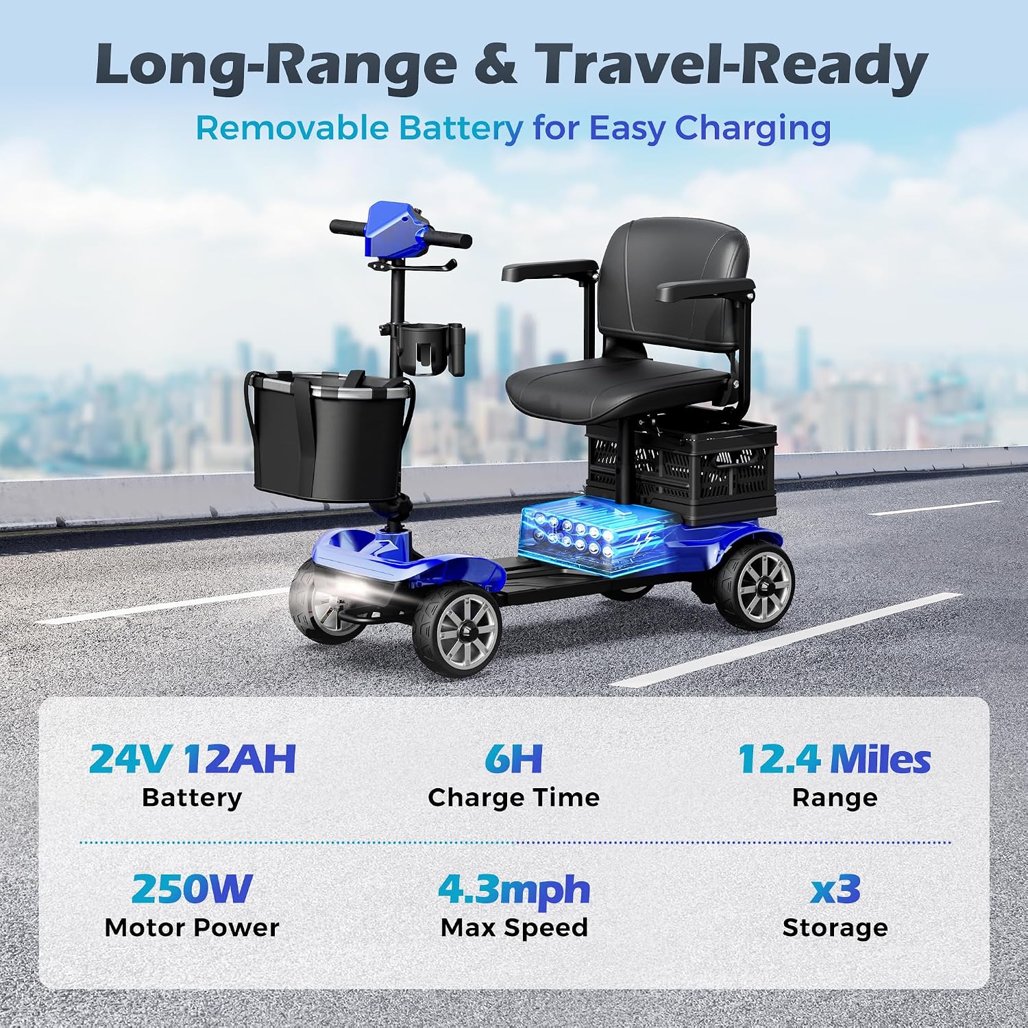 Mobility Scooter for Adults & Seniors with Removable Battery, Cruise & Airport Approved, Foldable Motorized Scooters with Dual Basket, Phone & Cup Holder, Blue