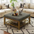 Befurtori Large Square Ottoman Coffee Table, Linen Solid Upholstered Footrest Ottoman with Solid Wood Shelf Storage Tufted Coffee Table for Bedroom Living Room, Granite